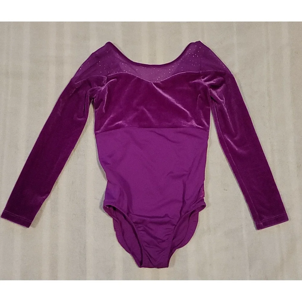 CAPEZIO Future Star LS Leotard Girls Small Gymnastic Dance Velvet Purple Bling